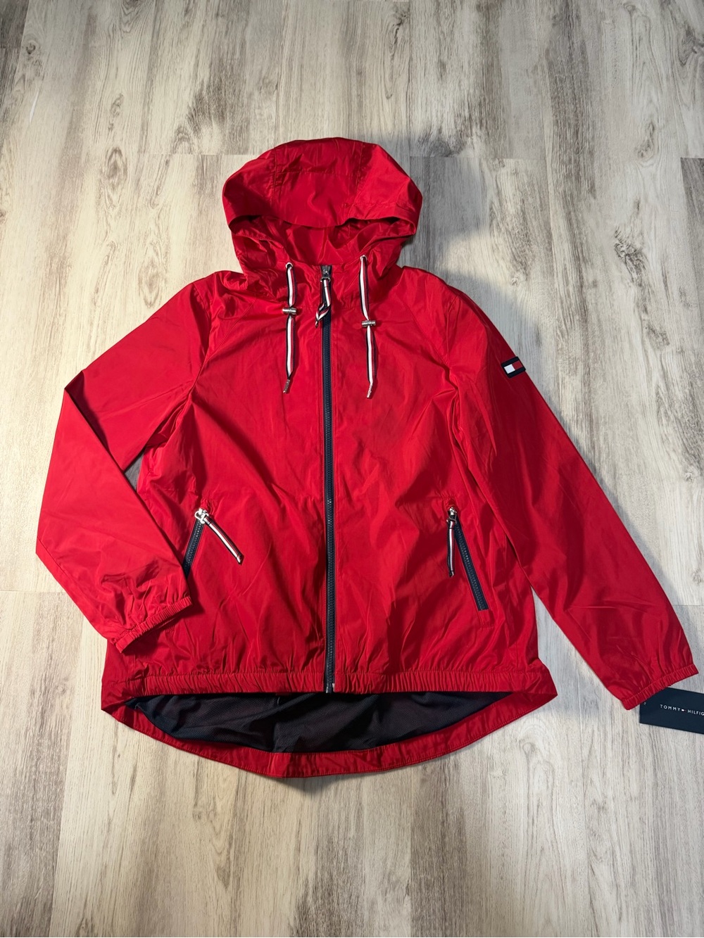 Tommy Hilfiger Red Hooded Rain Jacket with Zip Pockets